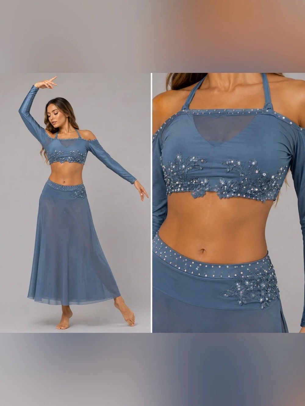 Custom solo dance costume 2 piece light blue illusion lyrical SA-Small adult